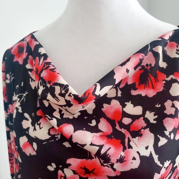 Women's Dress Ditzy Floral Black & Pink 3/4 Sleeve Cowl Neck Holiday Party Fun - Picture 9 of 10